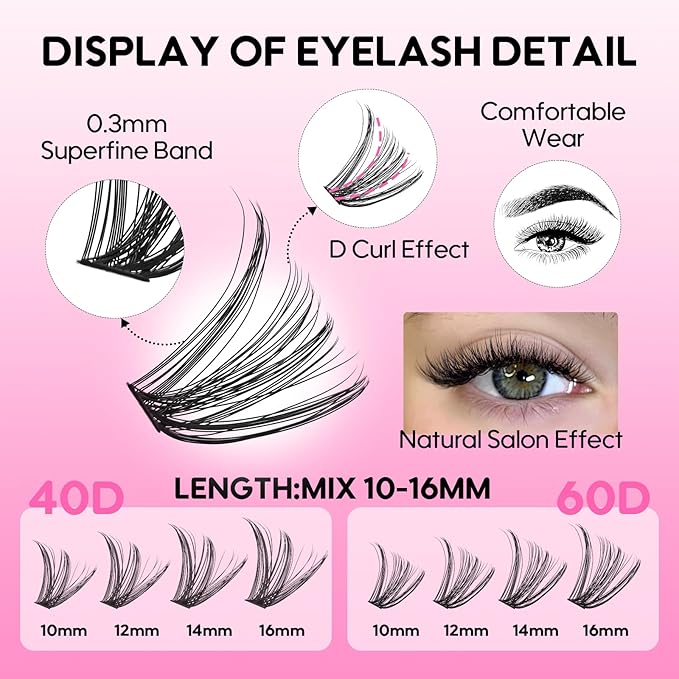 Lash Extensions 40D+60D Cluster 240pcs DIY Lash Clusters 10-16mm Eyelash Clusters Individual Think Band Lash Kit (40D+60D Kit)