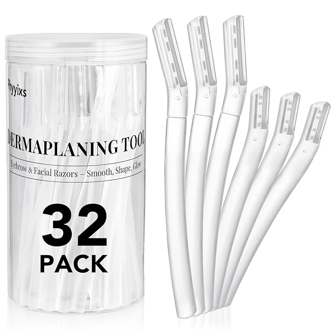 32 Count Face Razors for Women – Dermaplane Razors & Eyebrow Razor Set, 24 Long + 8 Short Precision Blades, Facial Razor for Peach Fuzz, Hair Removal & Gentle Exfoliation (Clear)