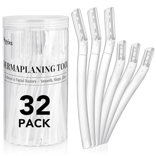 32 Count Face Razors for Women – Dermaplane Razors & Eyebrow Razor Set, 24 Long + 8 Short Precision Blades, Facial Razor for Peach Fuzz, Hair Removal & Gentle Exfoliation (Clear)