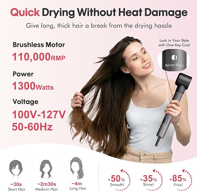 6 in 1 Blow Dryer Brush Set, Powerful Hair Dryer Brush with Auto-Winding Curl L/R, Fast Drying, Smooth Blowouts, Root-Lift Volume, No Heat Damage Frizz-Free Thermal Brush, Hot Air Styler for Travel