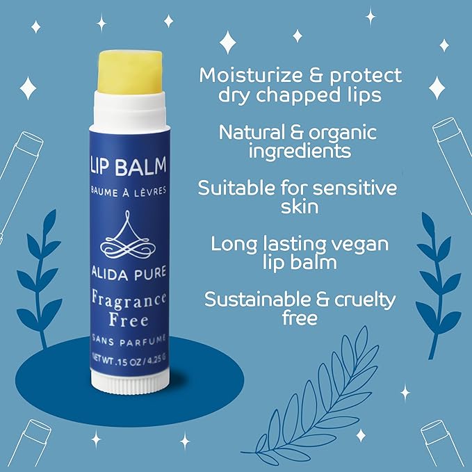 ALIDA PURE Fragrance Free 50 Tube Lip Balm Collection, Unscented, Vegan, Bees Wax Free, Coconut Oil Free, with Organic Jojoba and Avocado Oil, Vitamin E, For Dry, Chapped, or Cracked Lips, 50 Tubes