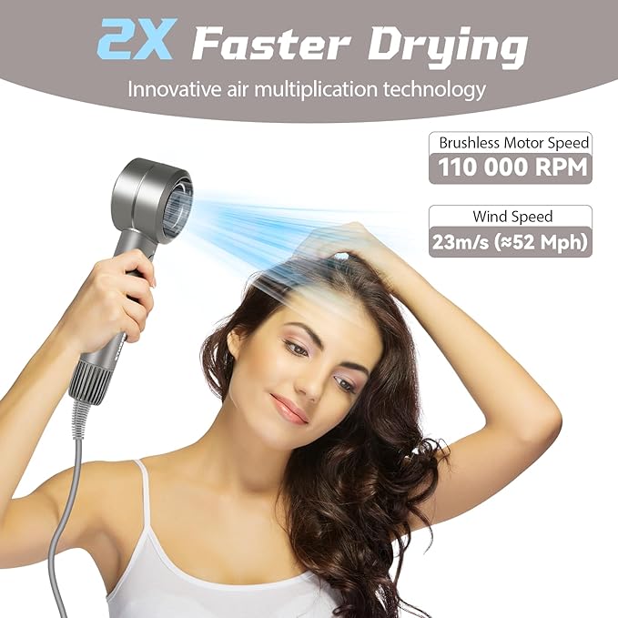 High Speed Hair Dryer - 110,000 RPM Brushless Motor 1500W, 3 Speeds & 4 Heat Settings with Concentrator Nozzle, Thermostatic Hair Protection, Lightweight Quiet, Unisex Grey