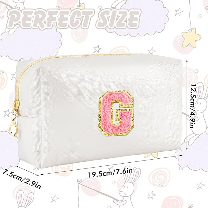 URSKYTOUS Initial Makeup Bag Personalized Preppy Travel Small Cosmetic Bag Cute PU White Chenille Letter Makeup Pouch for Purse Waterproof Zippered Toiletry Organizer for Women Girls Kids Friends (G)