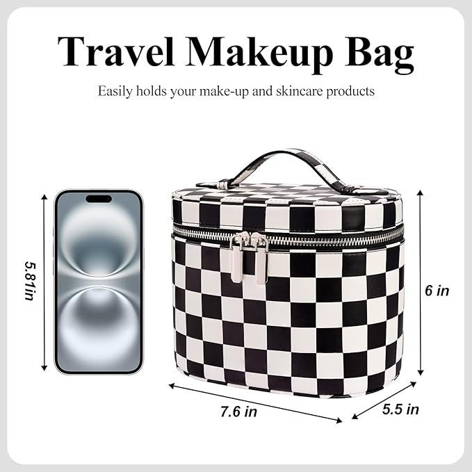 honitty Makeup Bag, Checkered Makeup Bag with Compartments and Handle, Portable Cosmetic Organizer Bags,Toiletry Bag for Women