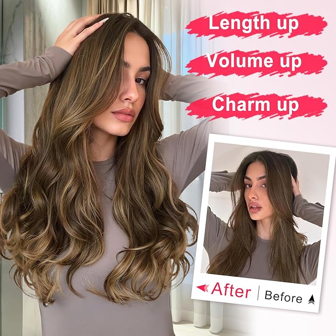 ALXNAN Long Wavy Hair Extensions for Women, Clip in Hair Extensions Clip Ins Soft Full Head Synthetic Hairpieces 20 Inch Balayage Chocolate Brown to Caramel Blonde