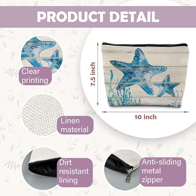 RYYCDOI Ocean Starfish Beach Makeup Bag, Marine Life Sea Animals Cosmetic Bags for Women, Ocean Themed Gifts