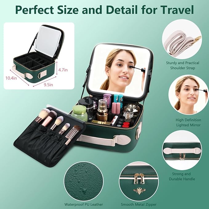 GIUWESOY Travel Makeup Bag with Light Up Mirror, Portable Makeup Bag with Led Light Women Waterproof Makeup Travel Case adjustable dividers Rechargeable Vanity Mirror with 3 Color Lights (Green)