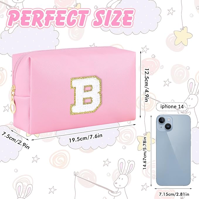 URSKYTOUS Initial Makeup Bag Personalized Preppy Travel Small Cosmetic Bag Cute PU Pink Chenille Letter Makeup Pouch for Purse Waterproof Zippered Toiletry Organizer for Women Girls Kids Friends（B）