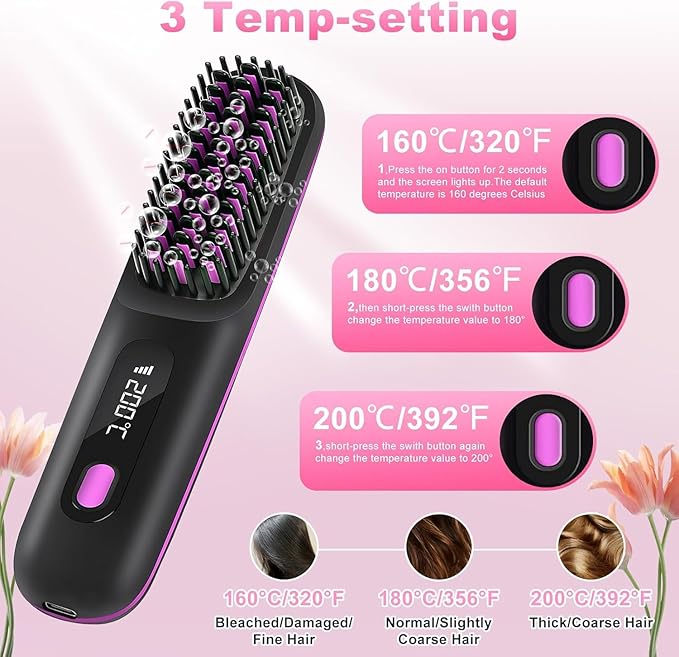 Go Brush Pro - Cordless Hair Straightener, USB Charging, Fast Heating, with LCD Display, Brush Portable Comb for Travel for All Hair Types