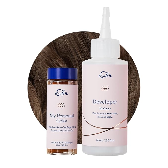 eSalon Permanent Hair Color & Hair Dye Complete Kit - Medium Brown Cool Beige - Personal Colorist Kit for Up To 100% Gray Coverage for All Hair Types - Professional-Grade Ammonia-Free Hair Dye