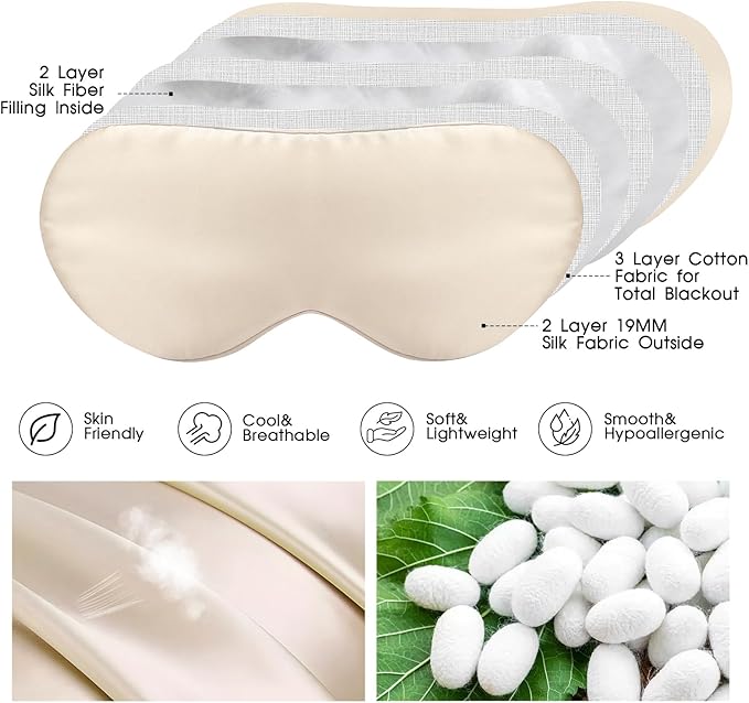 SILKTALE 100% Mulberry Silk Eye Mask for Sleeping with Silk Wrapped Adjustable Strap,Beige