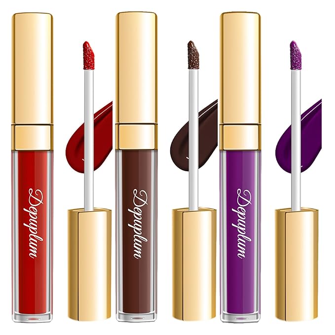 Depuplum 3Pc Matte Liquid Lipsticks for Women Red Lipstick Brown Lisptick Purple Lipstick Cruelty Free Long Lasting Lip Makeup, DM15+22+29