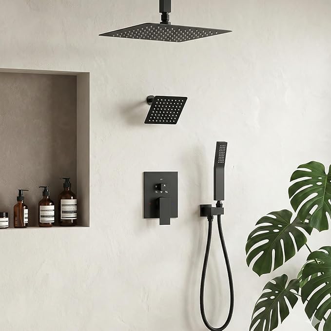 Shower Faucet Set Matte Black Shower Systems, STARBATH 3 Way Shower Faucet with 2 in 1 Handheld, Ceiling Mount 12+6" Dual Rain Shower Head for Two People, Shower Valve with 5 Diverter Complete