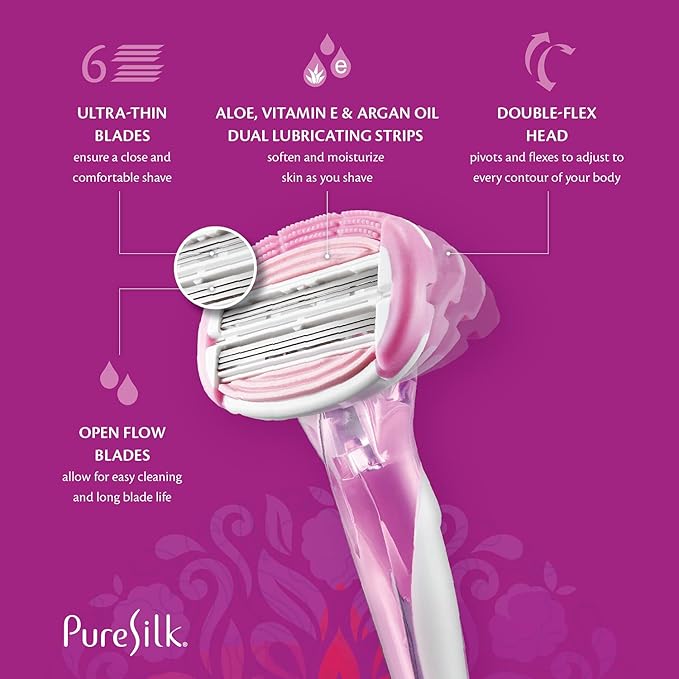 Pure Silk Contour 6 Premium Disposable Razor Value Pack Bundle (3 Packs/9 Total Razors)