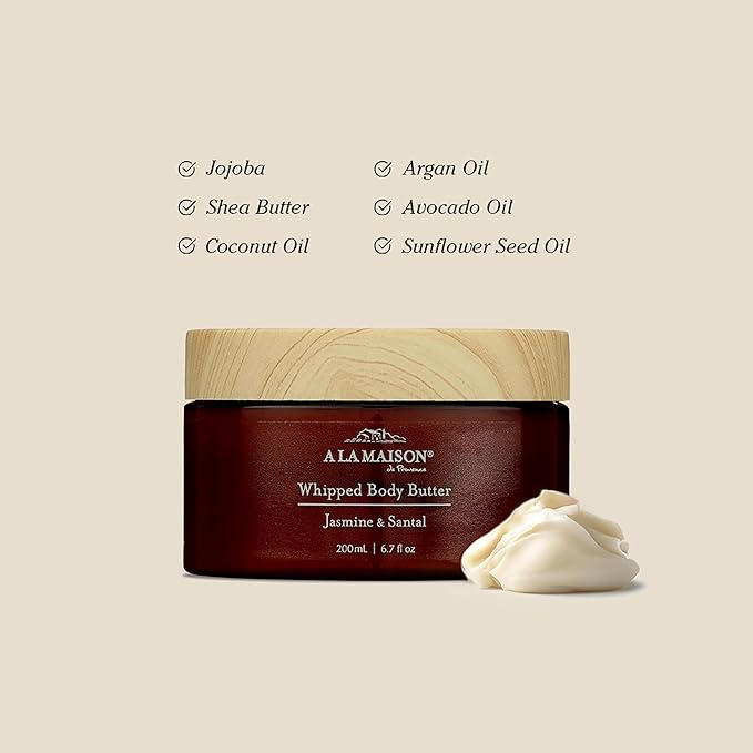 A La Maison Amber Collection Jasmine & Santal Starter Kit - Shower Oil + Body Scrub + Body Butter – Gently Exfoliates & Softens Skin – French Formula, Plant-Based
