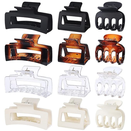 12 Pcs Hair Clips for Women 3 Styles Small Medium Large Claw Clips for Thin Thick Curly Hair, Strong Hold Hair Claw Clips, Stylish Plastic Hair Accessories Ideal Gifts for Women (Transparent)
