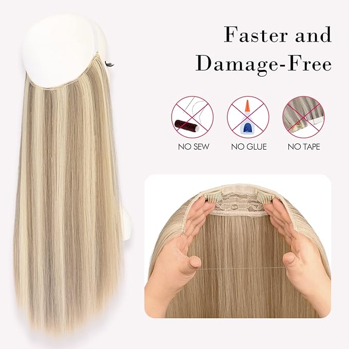 REECHO Invisible Wire Hair Extensions with Transparent Headband Adjustable Size Removable Secure Clips in Straight Secret Hairpiece for Women (Pack of 1), Ash Brown with Light Blonde Highlights)