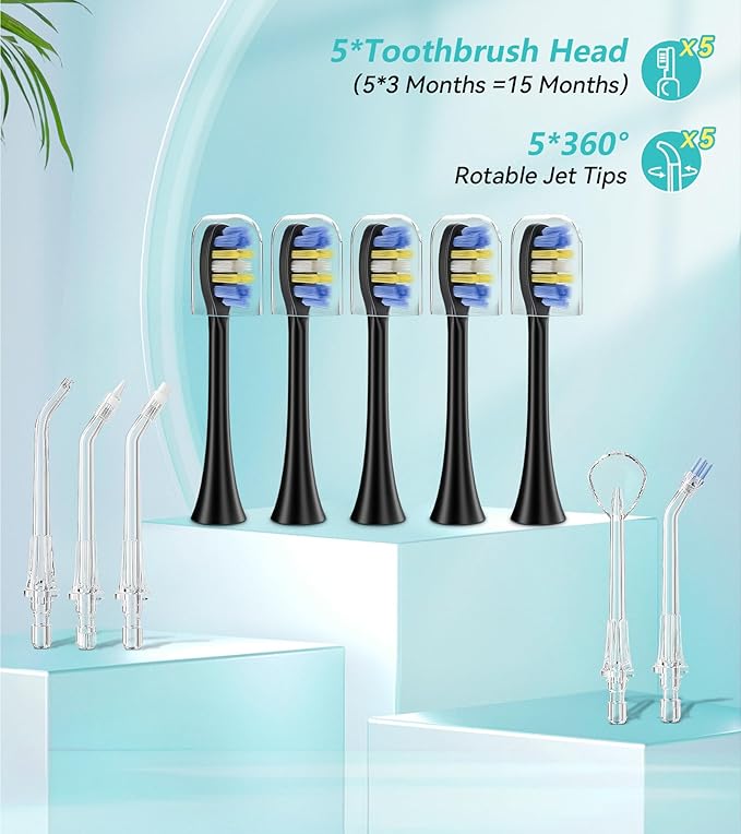Water Flosser & Ultrasonic Electric Toothbrush Combo, 600ML Water Dental Flosser with 7 Jet Tips, 10 Adjustable Water Pressure, 5 Toothbrush Heads for Home Use, Gums, Braces (Dark)