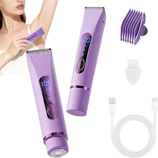 Bikini Trimmer for Women Electric–Double Head Dual Purpose, Ceramic Blade,IPX7 Waterproof,LCD Power Display,USB Rechargeable,Wet/Dry Painless Hair Removal for Face & Body (Violet)