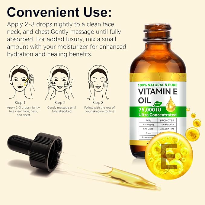 Vitamin E Oil for Skin,75,000IU New Ultra Pure Vitamin E Oil,100% Pure & Natural,Premium Grade,Cold-Pressed,for Scars Hair,Face,Nail,Scalp Perfect Bath and Body Oil