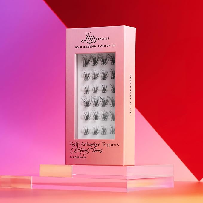 Lilly Lashes Self-Adhesive Wispy Flares Lash Clusters Toppers – Pre-Glued Clear-Band False Lashes for Effortless Application, 24 Hr All-Day Hold, Lightweight & Reusable Lash Extensions