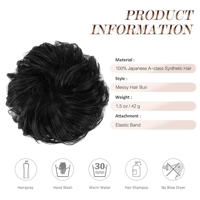 FESHFEN Messy Bun Hair Piece - Wavy Synthetic Chignon Scrunchies for Instant Volume, Elastic Bun Ponytail Hair Extensions Thick Hairpieces for Women, Natural Black 1.50 oz