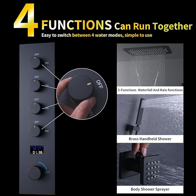 AYIVG Matte Black Multi Function Luxury Thermostatic Shower System 4 Functions Temperature Display Shower Set Rainfall Shower Head with Handheld Spray & 6PCS Body Spray Jets with ON/Shut off