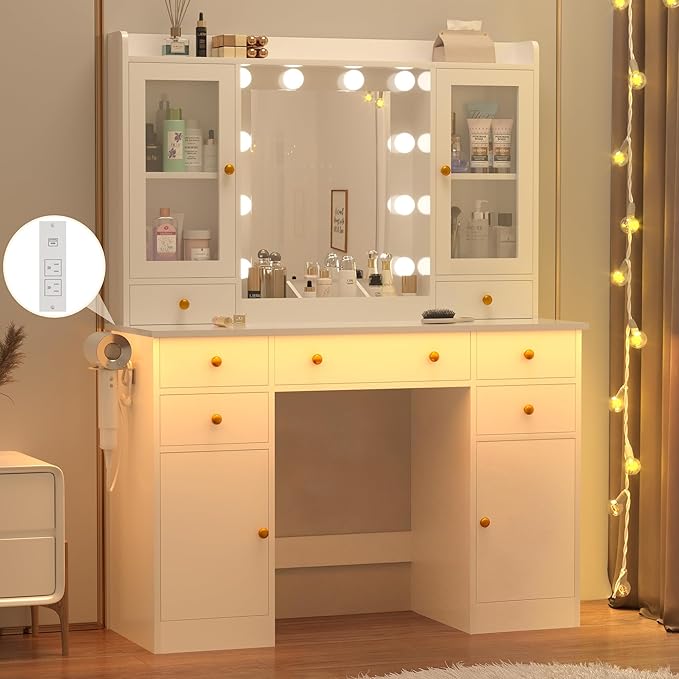Vanity Desk with Mirror and Lights, 43" White Makeup Vanity Set with 5 Drawers & Glass Cabinets, Makeup Tray, Power Outlet & Adjustable LED Lights, Dressing Table for Women & Girls Bedroom