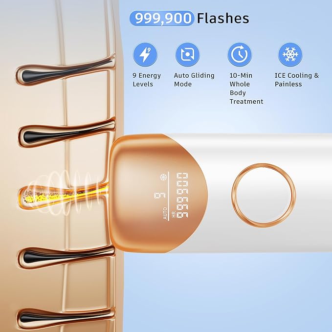 Laser Hair Removal Ubroo IPL Hair Removal Device with 5℃ Ice Cooling,Painless Laser Hair Removal for Women and Men,Full Body Use for Legs,Bikini,Armpits (Gold)