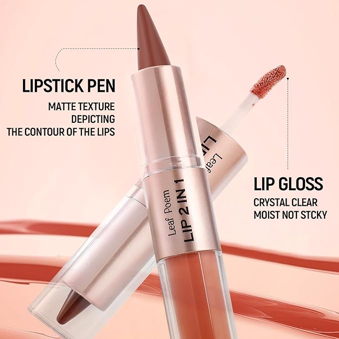 2-in-1 Double-Ended Matte Lip Liner & Lip Gloss Duo, Cool Nude Brown Ombre Lip Combo Pencil, Lip Liner and Lipstick Gloss Set for Defined & Fuller Looking Lips, #01 Cool Nude Brown