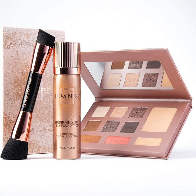 LUMINESS Face Time All In One Makeup Kit - Includes Face Palette, Airbrush Foundation, and Makeup Brush - Long-Wearing, Silky, Soft, Easy to Blend, 3-PC Make Up Set (06 - Light Warm)