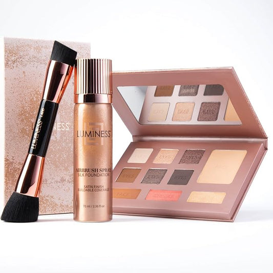 LUMINESS Face Time All In One Makeup Kit - Includes Face Palette, Airbrush Foundation, and Makeup Brush - Long-Wearing, Silky, Soft, Easy to Blend, 3-PC Make Up Set (16 - Light Rich)