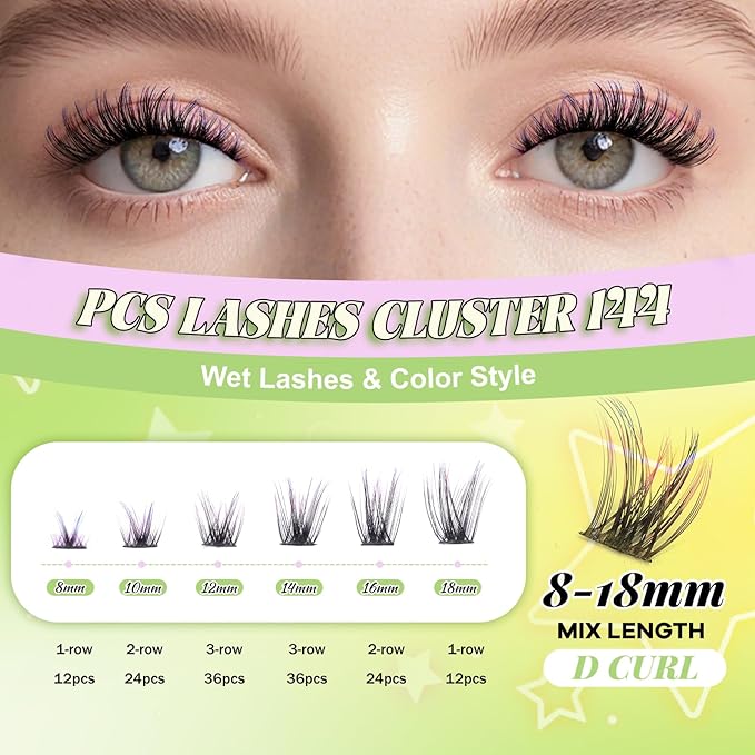 KEYYOU LASH Clusters kit 144pcs with Colored Eyelash Clusters Individual Eyelash Extension Kit 8-18mm with Lash Bond Seal Remover Applicator for DIY Lashes Extensions at Home(C01)