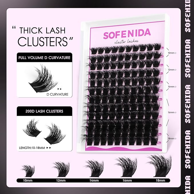 Lash Clusters Thick 200D Eyelash Clusters 10-18mm Volume Cluster Lashes D Curly Cluster Eyelash Extensions Wispy Lash Clusters DIY Lash Extension at Home(200D-10-18MIX Lashes)