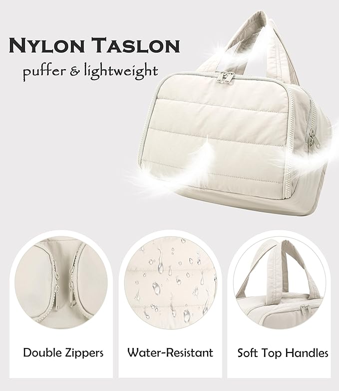 BUZFOWU Travel Toiletry Bag for Women, Large Wide-open Puffy Cosmetic Makeup Bag with Wet-Dry Separation, Multi-Pocket Organizer with Carry Handle for Toiletries, Cosmetics, Essentials, Beige