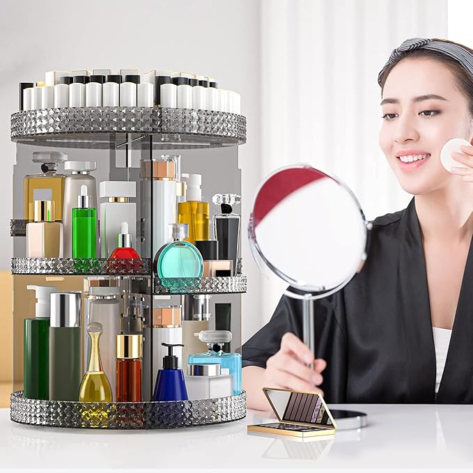 Rotating Makeup Organizer Countertop, Acrylic Makeup Storage Organizer Round, Large Cosmetic Organizer 7 Layers Large Capacity, Fits Makeup Brushes, Lipsticks, Bathroom, Vanity, Gray