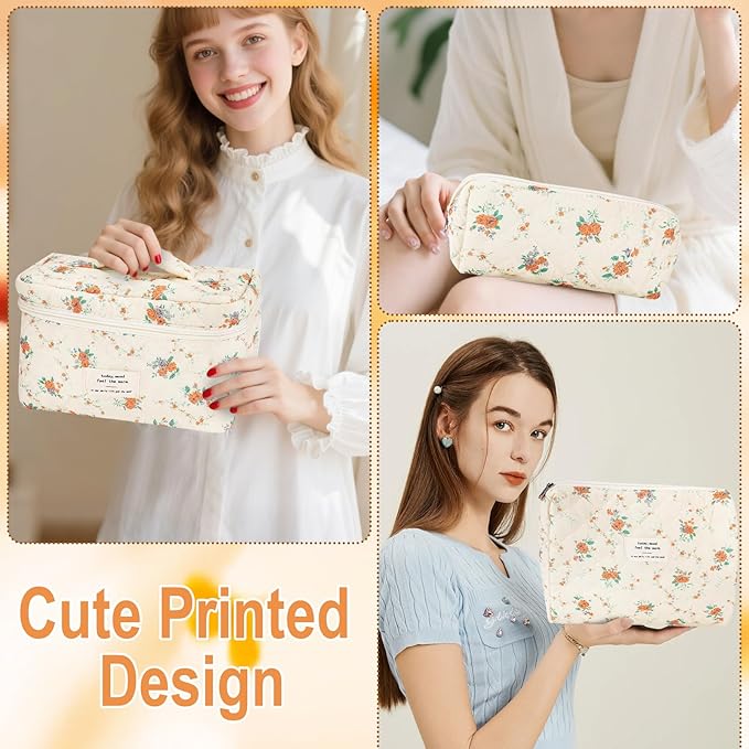 URSKYTOUS 3Pcs Cotton Quilted Makeup Bag for Women Girls Large Small Travel Floral Cosmetic Bags Set Cute Coquette Zipper Makeup Pouch for Purse Aesthetic Cloth Flower Storage Toiletry Bag Organizer
