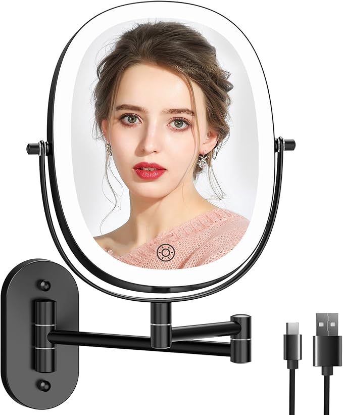 FUNTOUCH Wall Mounted Makeup Mirror with Light, Oval Rechargeable Double-Sided 7X/1X Magnifying Mirror, Vanity Mirror Dimmable 3 Color Light, 360° Extension Rotation Foldable 13.5 in