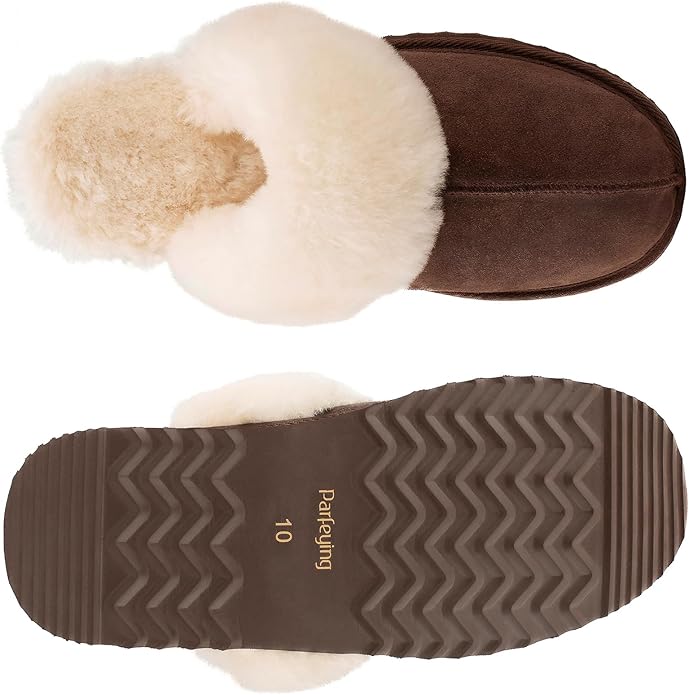 Parfeying Women's Shearling Slippers Genuine Leather with Rubber Sole, Sheepskin Fuzzy Indoor Outdoor Shoes for Home