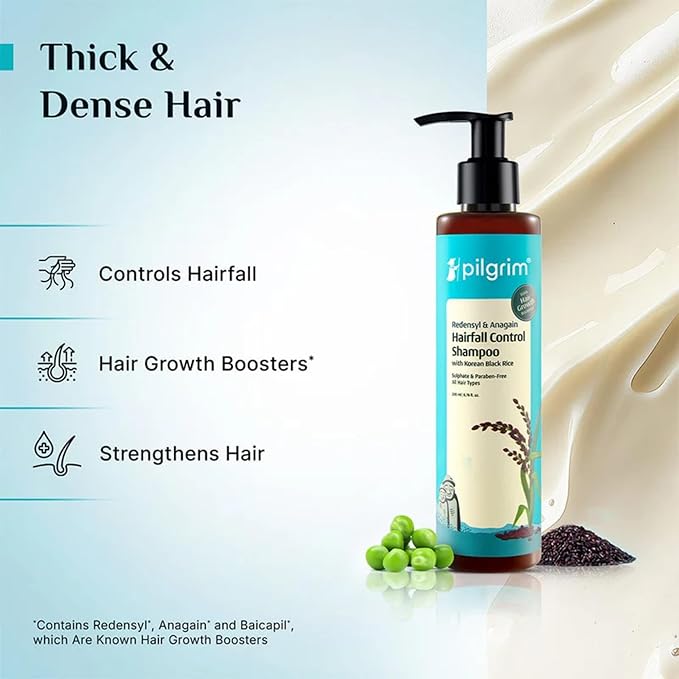 Pilgrim Redensyl & Anagain Hair Fall Control Shampoo with Korean Black Rice | Strengthening Shampoo for Men & Women | Helps Reduce Hair Fall & Improve Thickness | 6.76 Fl Oz (200ml)