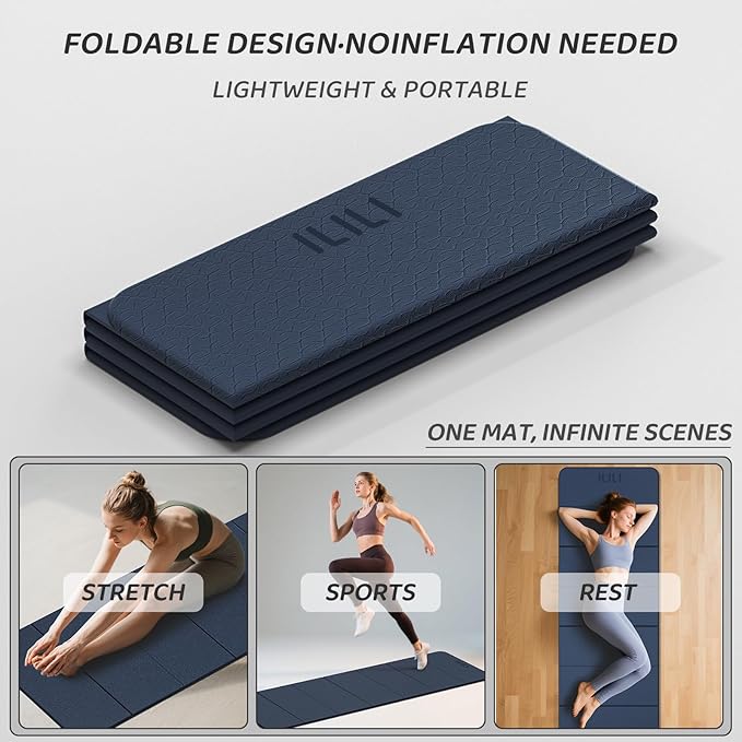 ILILI Foldable Yoga Mat 71 * 24 * 0.3'' - TPE Non-Slip Fitness Mat for Home，Waterproof & Lightweight (2lb) for Home Gym, Pilates & Stretching,Fitness Workouts