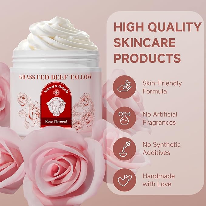Beef Tallow for Skin, Whipped Beef Tallow For Skin, Tallow Face Moisturizer, Rose-Flavoured Whipped Tallow Face Cream Moisturizer Beef Tallow Blam Grass Fed Body Lotion Skin Care, 5.3 OZ