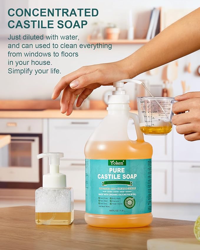 Yoken EWG Verified Organic Castile Soap Liquid (Unscented, 64 oz) Pure Castile Liquid Soap Made With Organic Oil, Clean & Gentle, Natural Castor Oil Soaps for Body & Face Wash, Hands, Dishes, Laundry