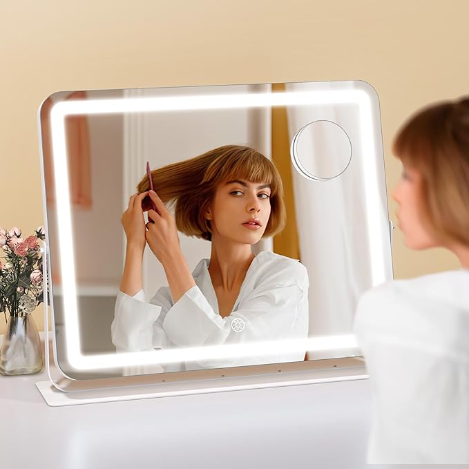Hasipu Makeup Vanity Mirror with Lights, 20" L x 16" W LED Tabletop Make up Mirror for Desk, Lighting & Brightness Adjustment, 360°Rotation, 10x Magnification