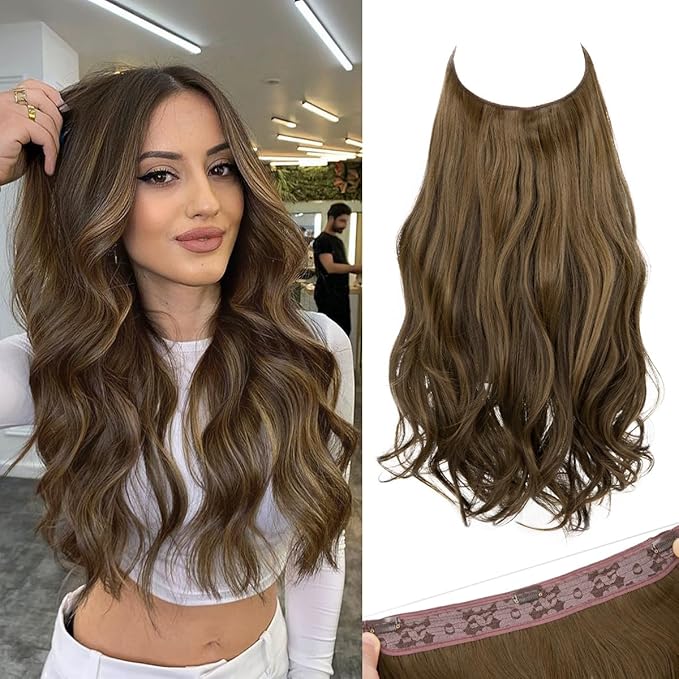 SARLA Invisible Wire Hair Extensions with 3 Clips Long Wavy Curly Synthetic Hairpiece for Women Adjustable Transparent Headband 22 Inch Coffee Brown