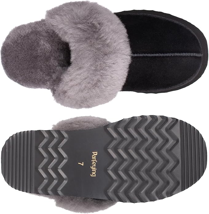 Parfeying Women's Shearling Slippers Genuine Leather with Rubber Sole, Sheepskin Fuzzy Indoor Outdoor Shoes for Home