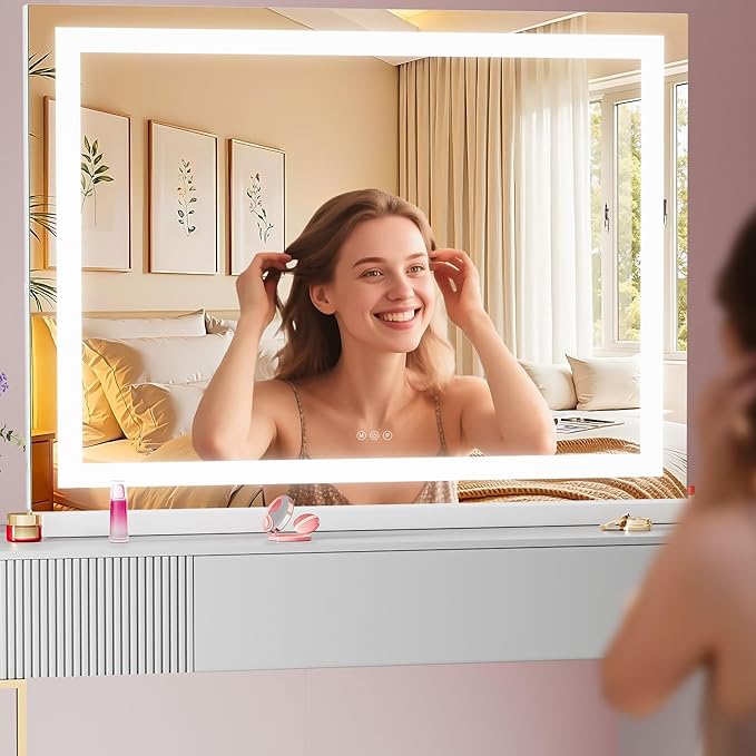 Vanity Mirror with Lights, 23" x 18" LED Makeup Mirror with 10X Magnification, Dimmable 3 Modes, Memory Function, Smart Touch, USB Charging Port, Lighted Makeup Mirror Square White