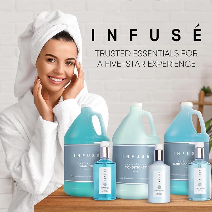 Terra Pure H2O Tropical Infuse Gallon & Dispenser Set | Shampoo, Conditioner, Body Wash Gallons | Refillable 10.14oz Pump Bottles