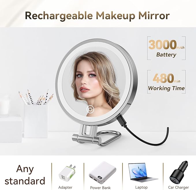 Travel Makeup Mirror with Lights,3000mAh Rechargeable 1X/20X Magnifying Mirror with Light, 7" Portable Lighted Beauty Mirror, Make Up Mirrors with 3 Light Colors, Dimmable Tabletop Handhold Hanging