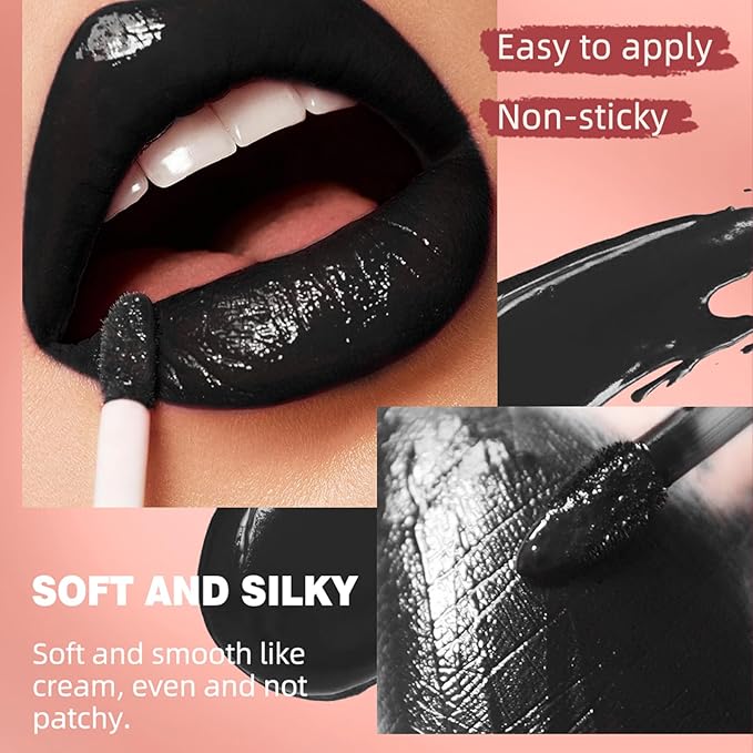 3pcs-Black Lipstick and Lip Liner Set Lip Kit,3 in 1 Velvet Lipstick Halloween Matte Liquid Lipstick Lip Gloss with Lip Pencil,Hydrating Lip Stain Lip Makeup（Black）